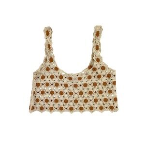 The Post Crochet Granny Square Crop Tank Women's M/L: Beige Brown Sleeveless Top